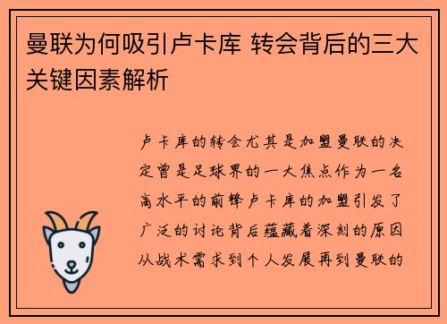 曼联为何吸引卢卡库 转会背后的三大关键因素解析