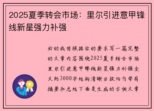 2025夏季转会市场:里尔引进意甲锋线新星强力补强 2025夏季转会市场:里尔引进意甲锋线新星强力补强