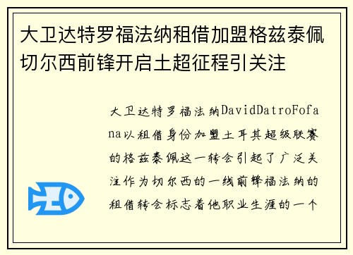 大卫达特罗福法纳租借加盟格兹泰佩切尔西前锋开启土超征程引关注 大卫达特罗福法纳租借加盟格兹泰佩切尔西前锋开启土超征程引关注
